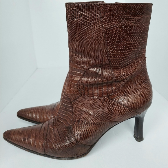 Vintage Women's Botticelli Patchwork Lizard Brown Leather Ankle Booties Sz37 EUC - Picture 4 of 10